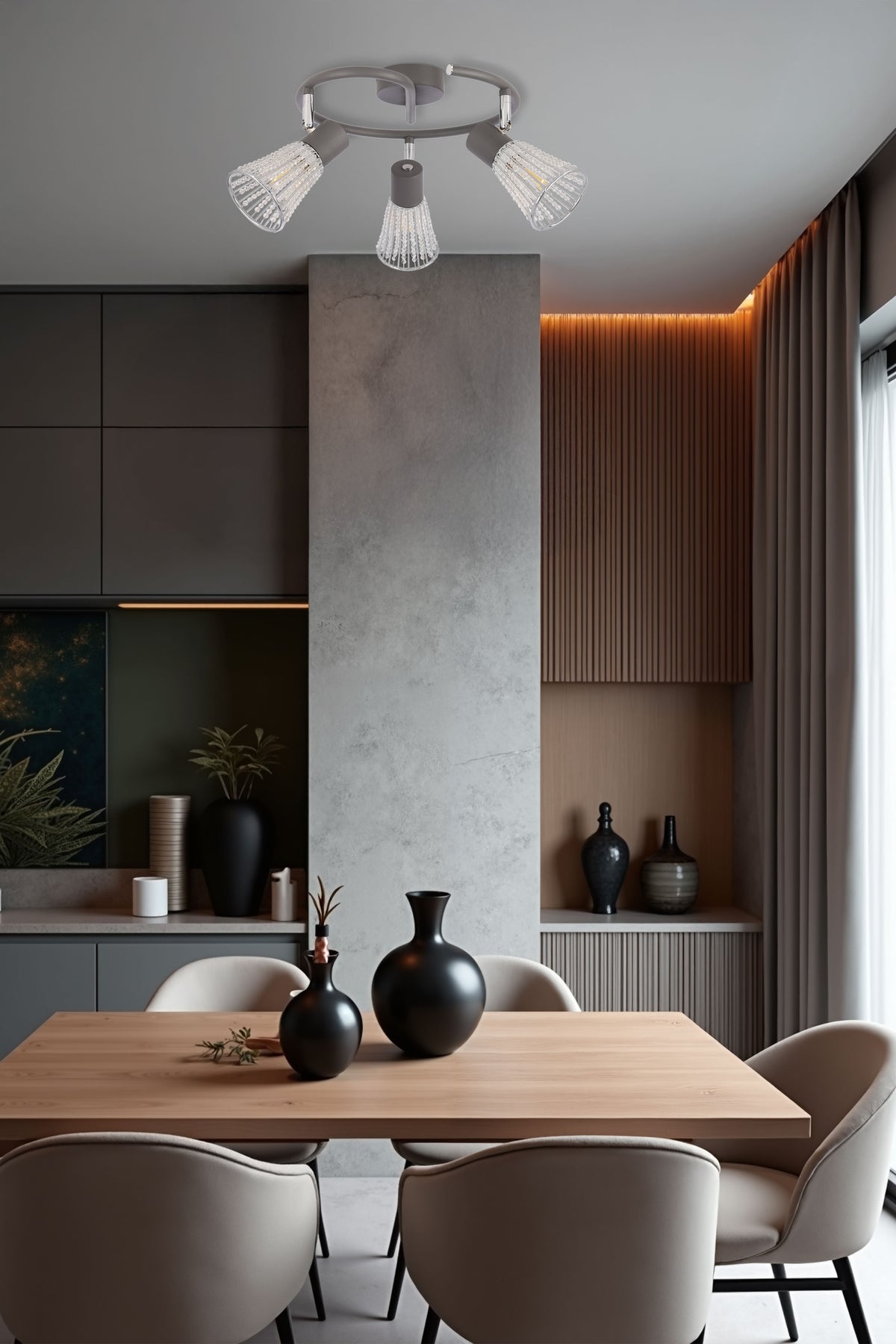 Mise en ambiance au-dessus d'une table à manger dans un intérieur contemporain gris