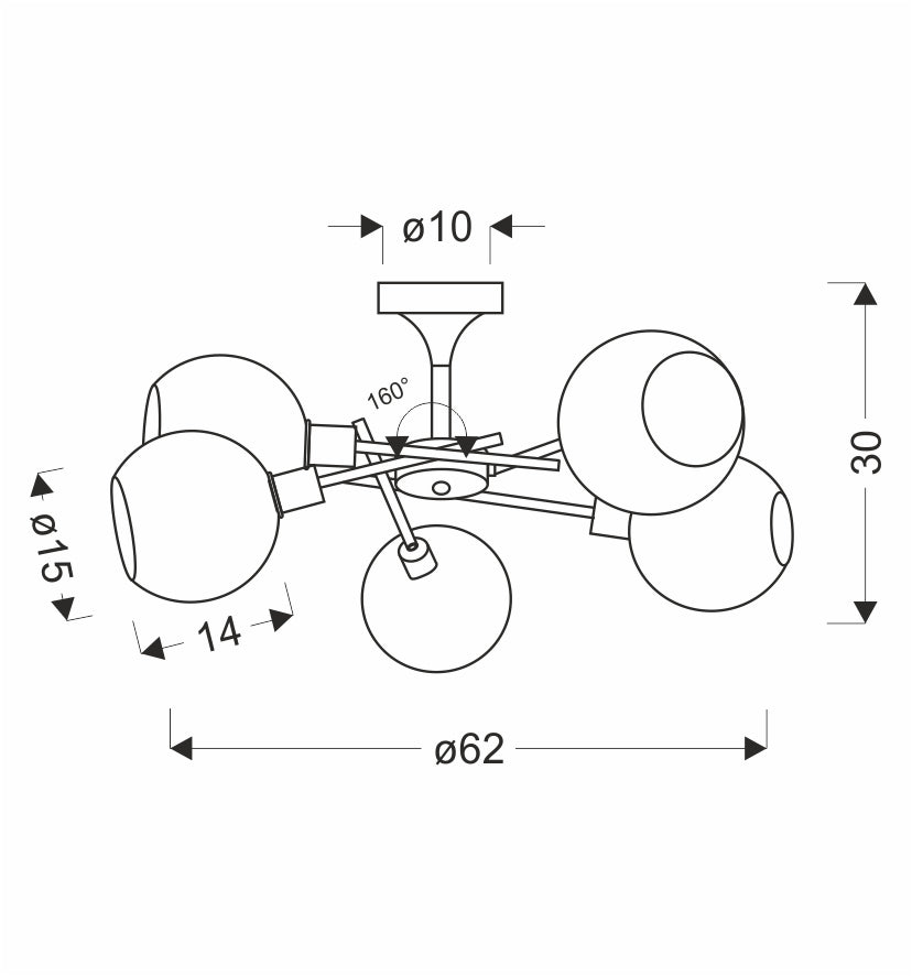 Plan coté du luminaire avec diamètre 62 cm, hauteur 30 cm et diffuseurs 15 cm.