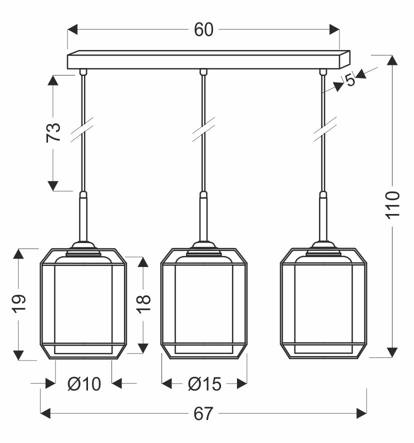 Schéma de dimensions en centimètres avec largeur 60, hauteur 110 et diamètres des abat-jours.