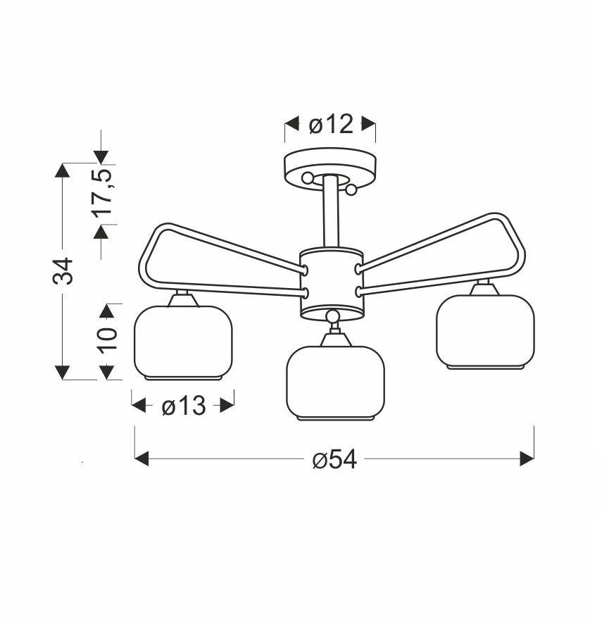 Schéma technique coté du plafonnier : diamètre 54 cm, hauteur 34 cm, verres 13 cm