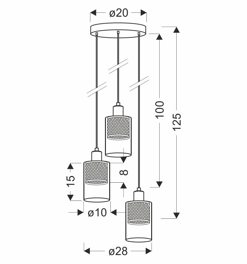 Schéma coté du luminaire avec diamètre 20 cm, hauteur 125 cm et largeur 28 cm