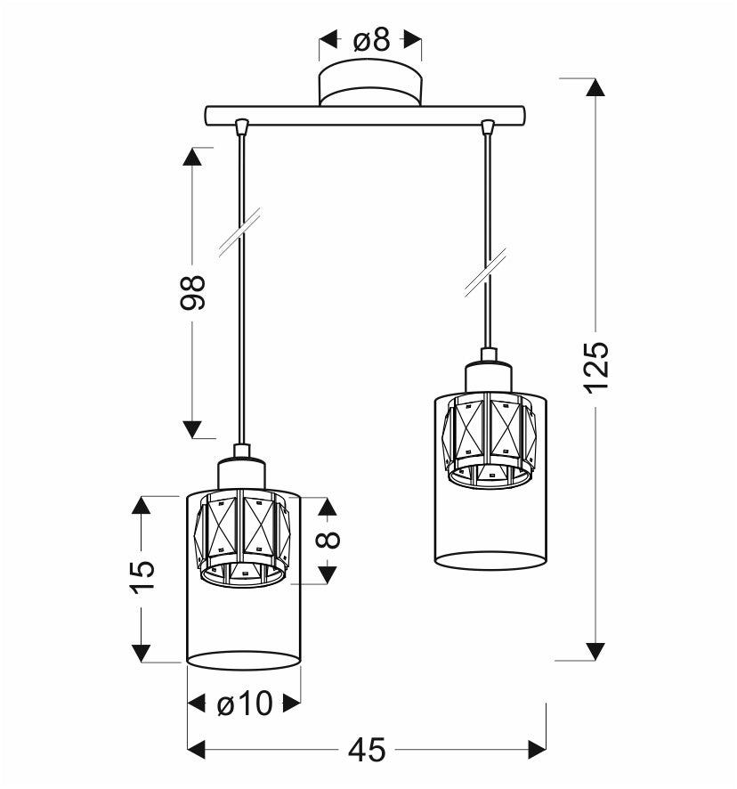 Schéma coté du luminaire : hauteur totale 125 cm, largeur 45 cm, diamètre abat-jour 10 cm