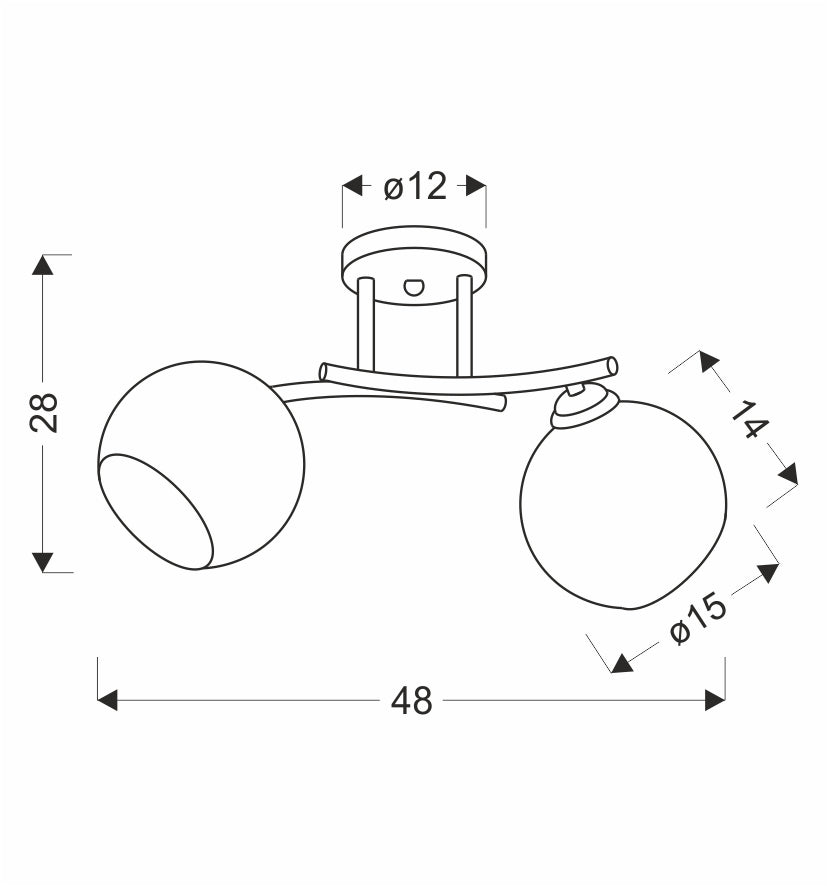 Schéma coté avec largeur 48 cm, hauteur 28 cm, rosace Ø12 cm et globes Ø15 cm.