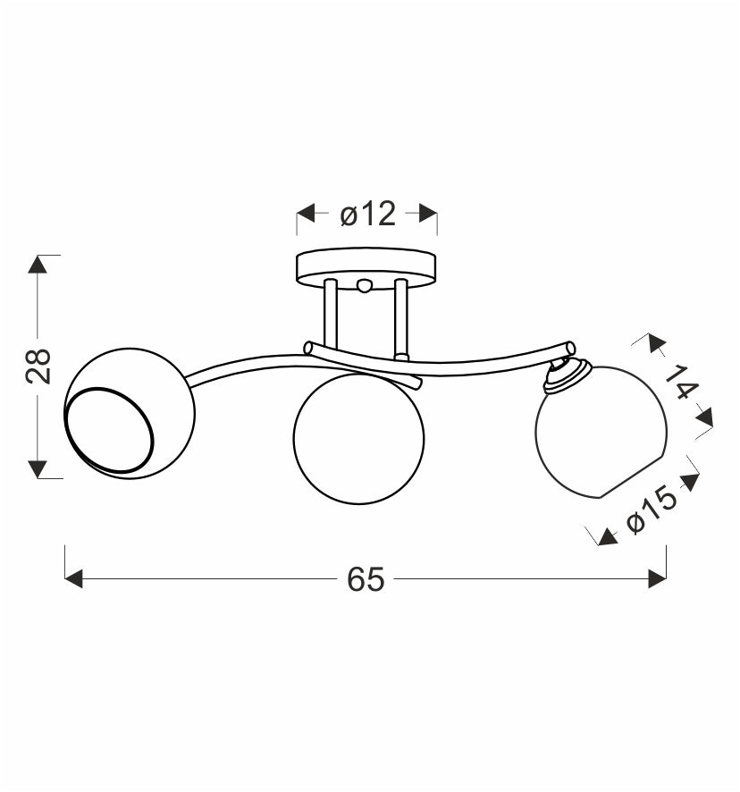 Schéma coté du plafonnier : largeur 65 cm, hauteur 28 cm, diamètre des globes 15 cm