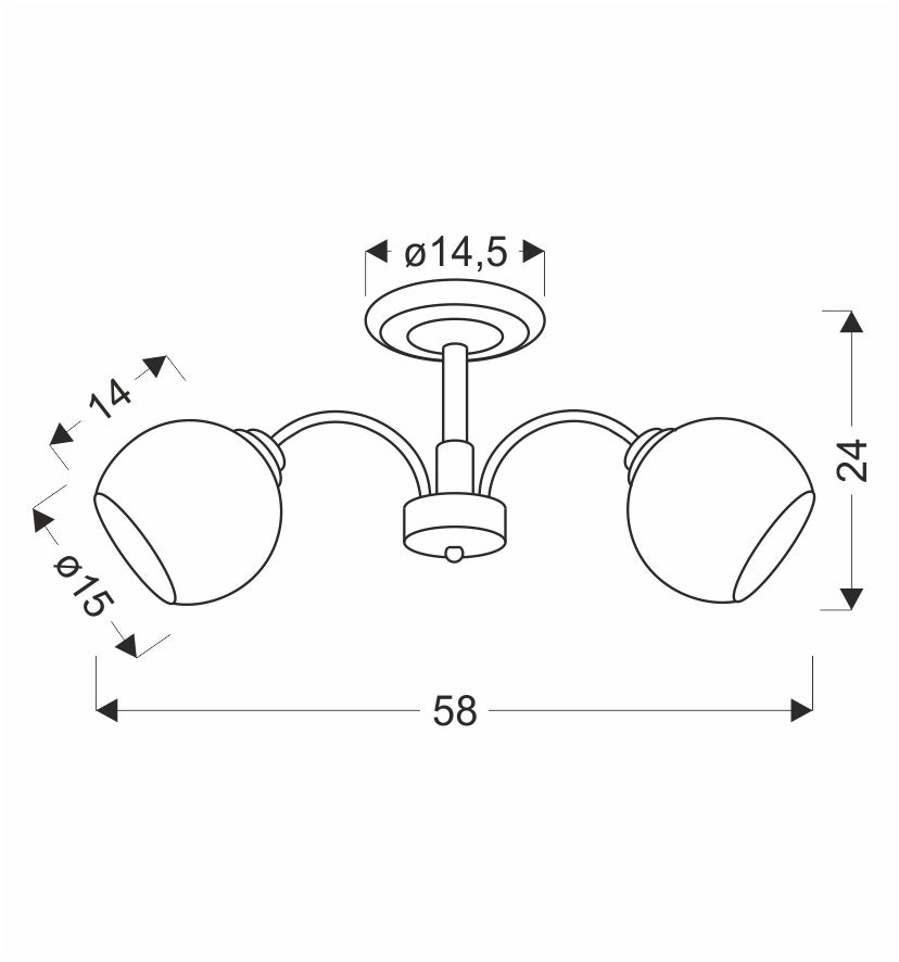 Schéma technique coté du plafonnier : largeur 58 cm, hauteur 24 cm, rosace 14,5 cm.