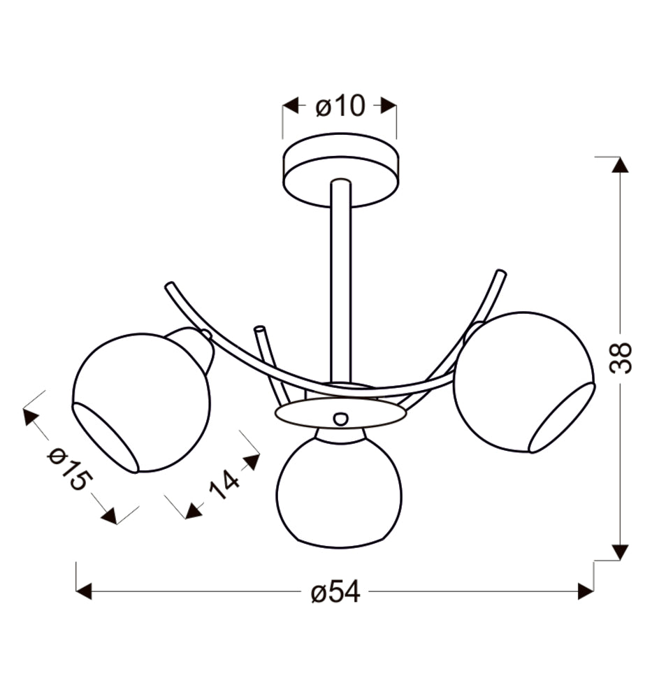 Schéma technique coté du luminaire, diamètre 54 cm, hauteur 38 cm, fixation plafond
