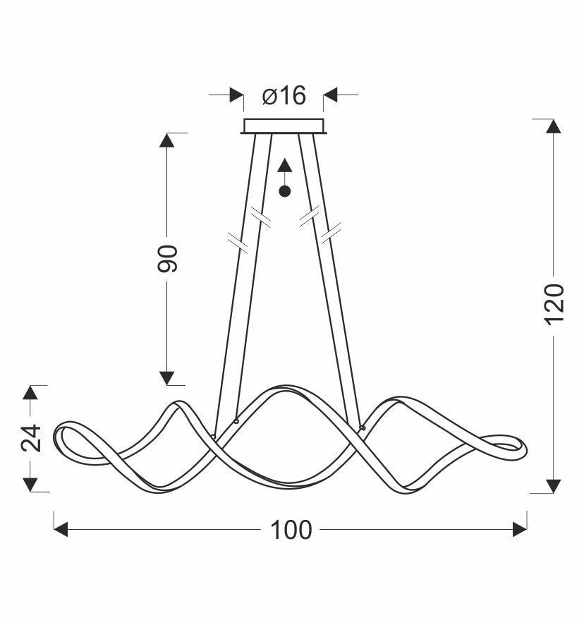 Schéma de dimensions du luminaire : largeur 100 cm, hauteur 120 cm, diamètre rosace 16 cm.