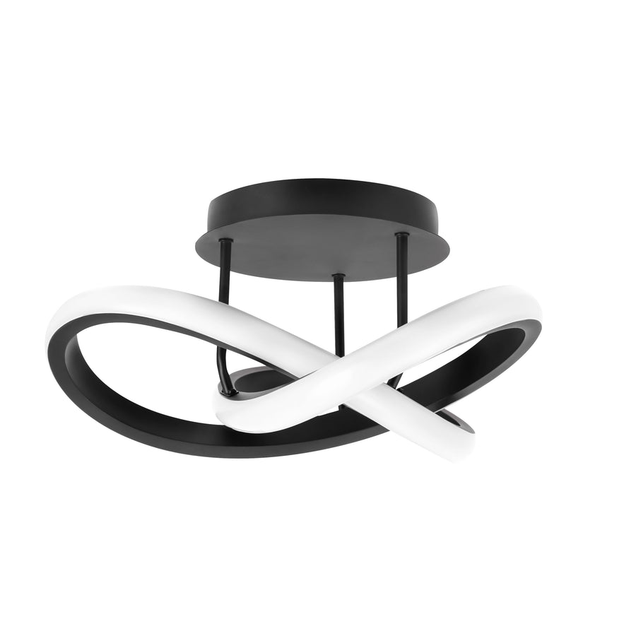 Vue de face du plafonnier noir avec anneau torsadé et LED blanc