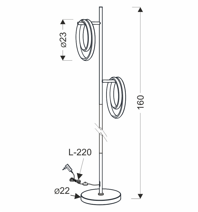 Schéma coté du lampadaire, hauteur 160 cm, anneaux diamètre 23 cm, base 22 cm.