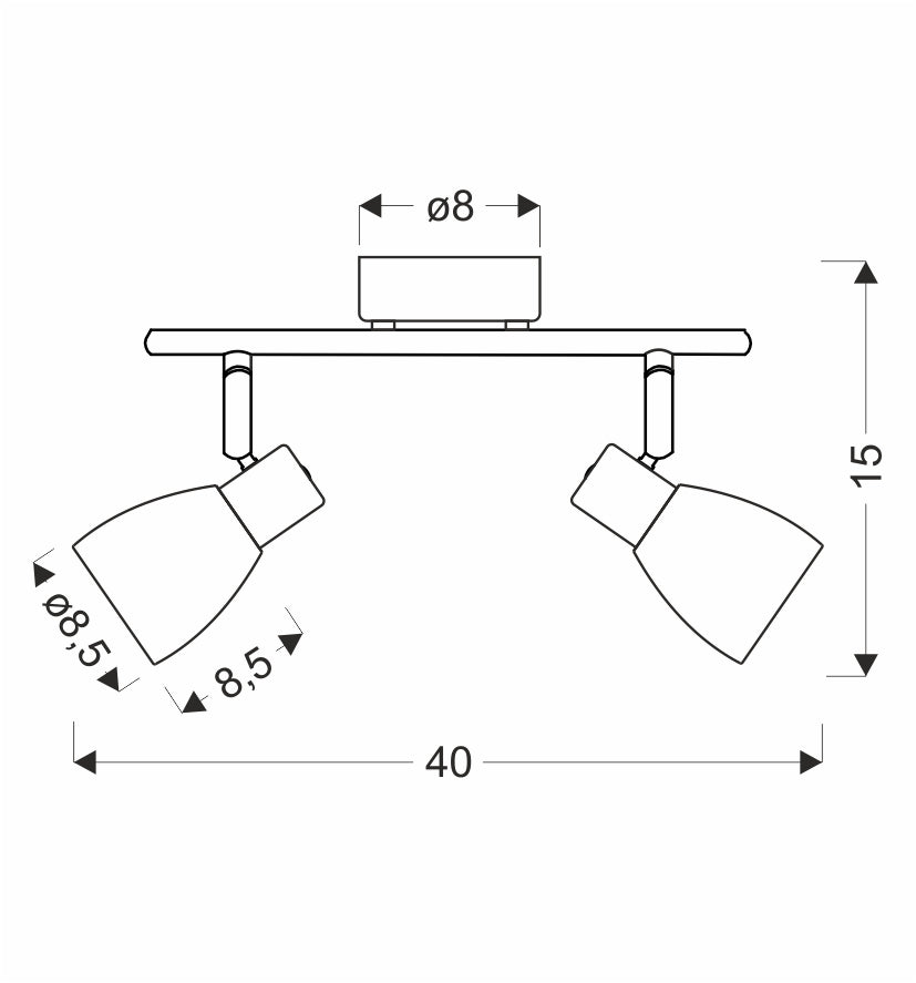 Schéma coté du luminaire : 40 cm de large, 15 cm de haut, verres Ø 8,5 cm.