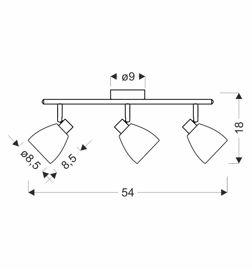 Schéma coté du plafonnier : largeur 54 cm, hauteur 18 cm, verres 8,5 cm