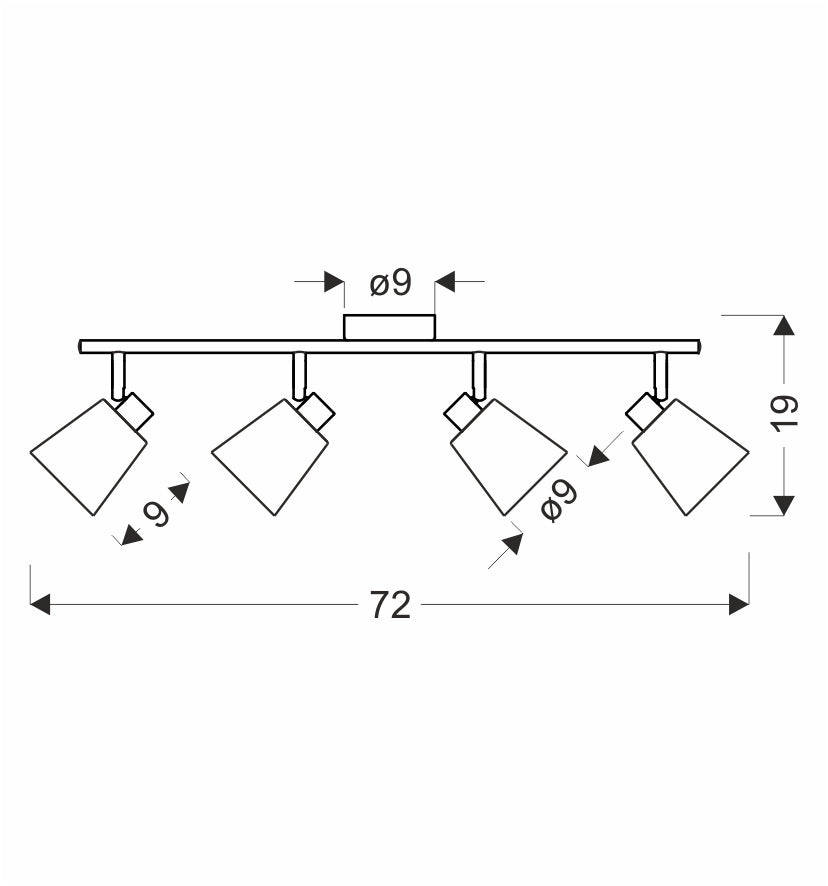 Schéma de dimensions du plafonnier : largeur 72 cm, hauteur 19 cm, diamètre 9 cm.