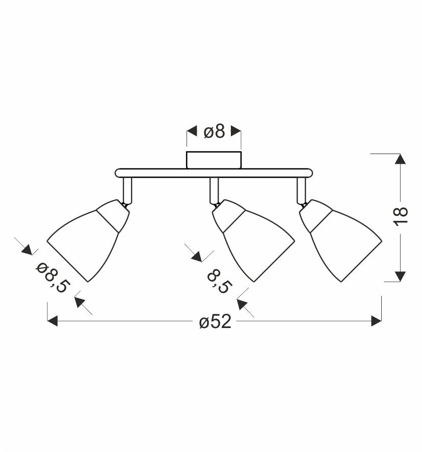 Schéma coté du plafonnier : diamètre 52 cm, hauteur 18 cm, verres 8,5 cm
