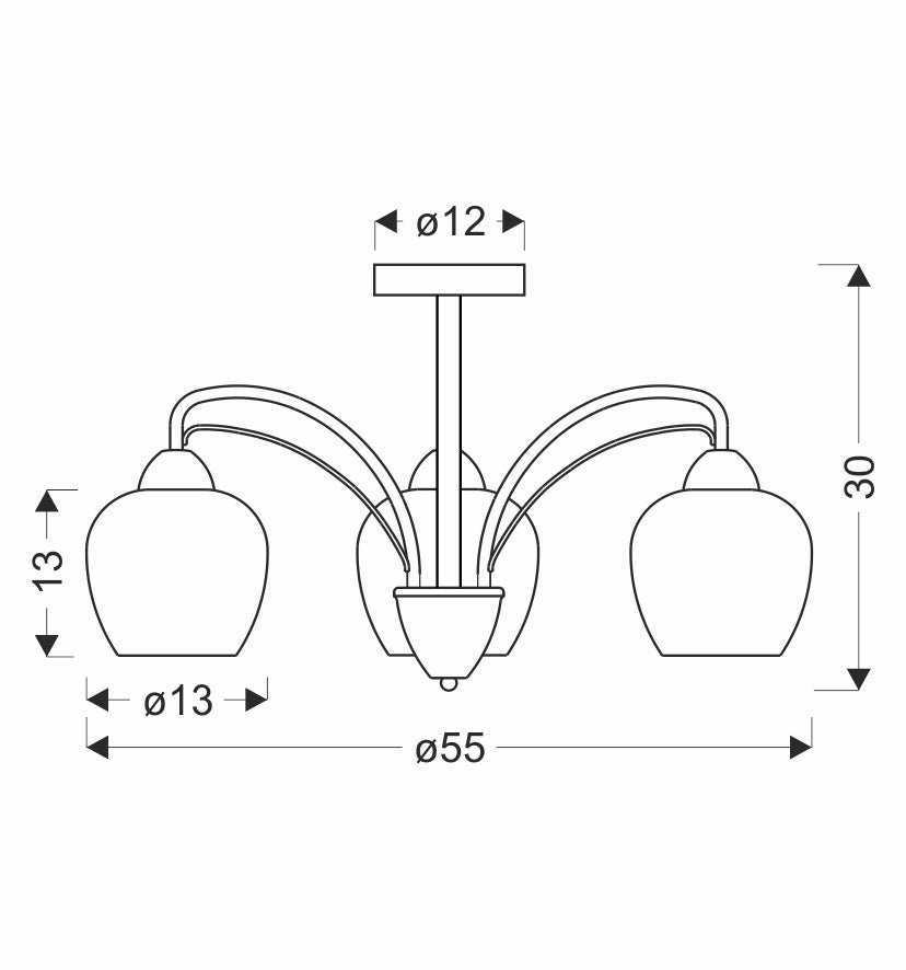 Schéma coté du luminaire : diamètre 55 cm, hauteur 30 cm, abat-jour 13 cm