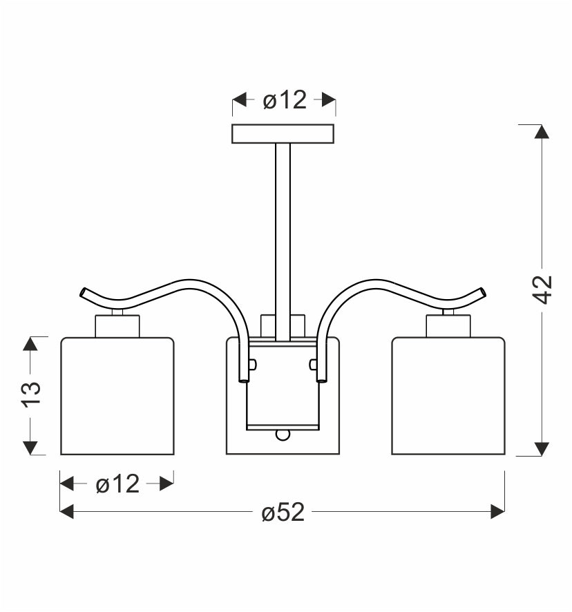 Schéma coté de la suspension : diamètre 52 cm, hauteur 42 cm, rosace et verres 12 cm