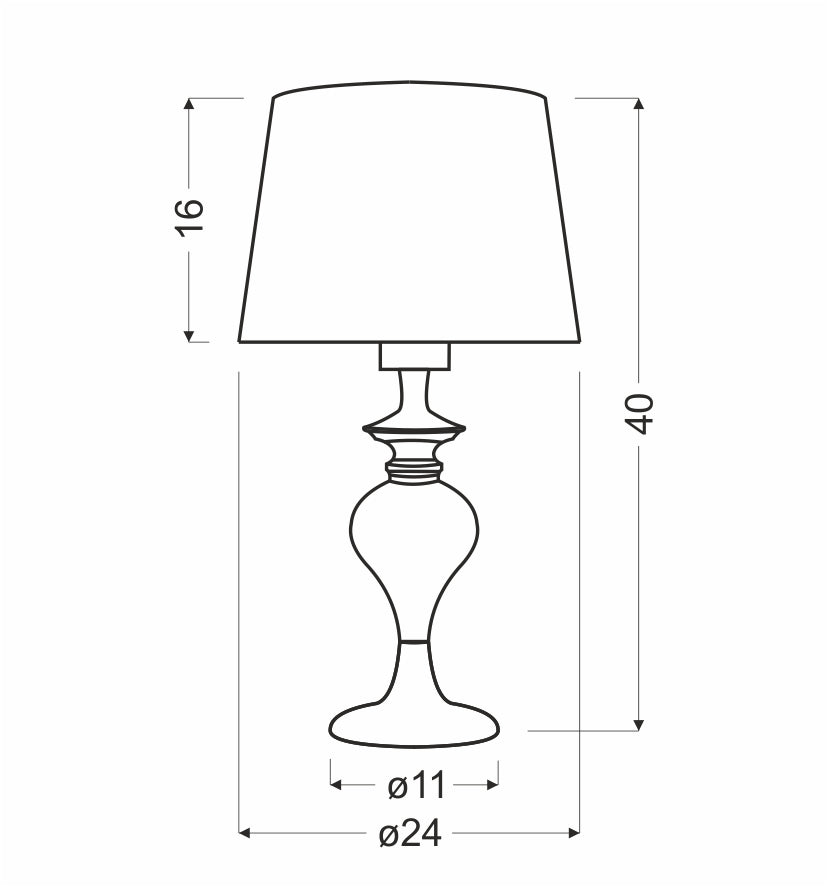Schéma coté : hauteur 40 cm, abat-jour 16 cm, base diamètre 11 cm