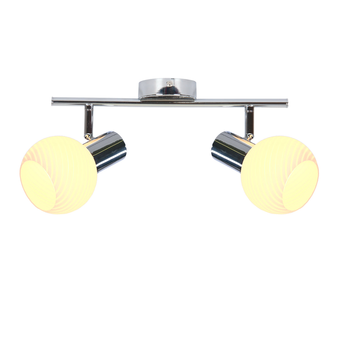 Vue de face du luminaire allumé, verres opalins diffusant une lumière chaude et jaune.
