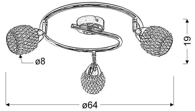 Schéma coté du plafonnier : diamètre 64 cm, hauteur 19 cm, diffuseur 8 cm.
