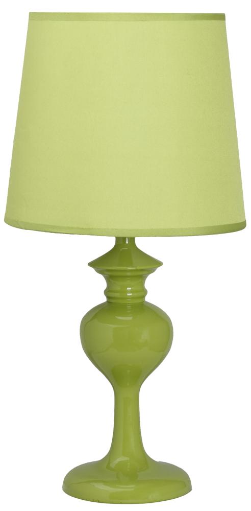 Version vert anis de la lampe, base céramique brillante et abat-jour en tissu assorti.