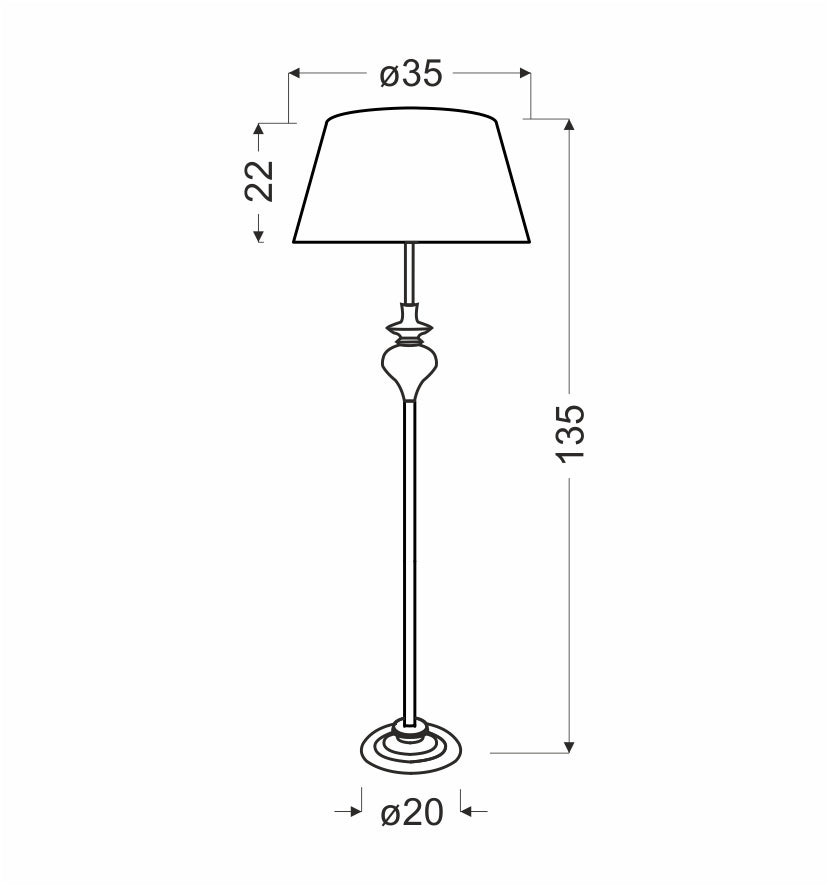 Schéma coté du lampadaire : hauteur 135 cm, abat-jour ø35 et base ø20