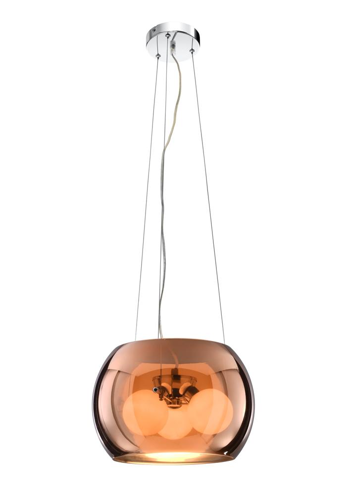 Suspension complète vue de face sur fond blanc avec rosace, câbles et verre ambré