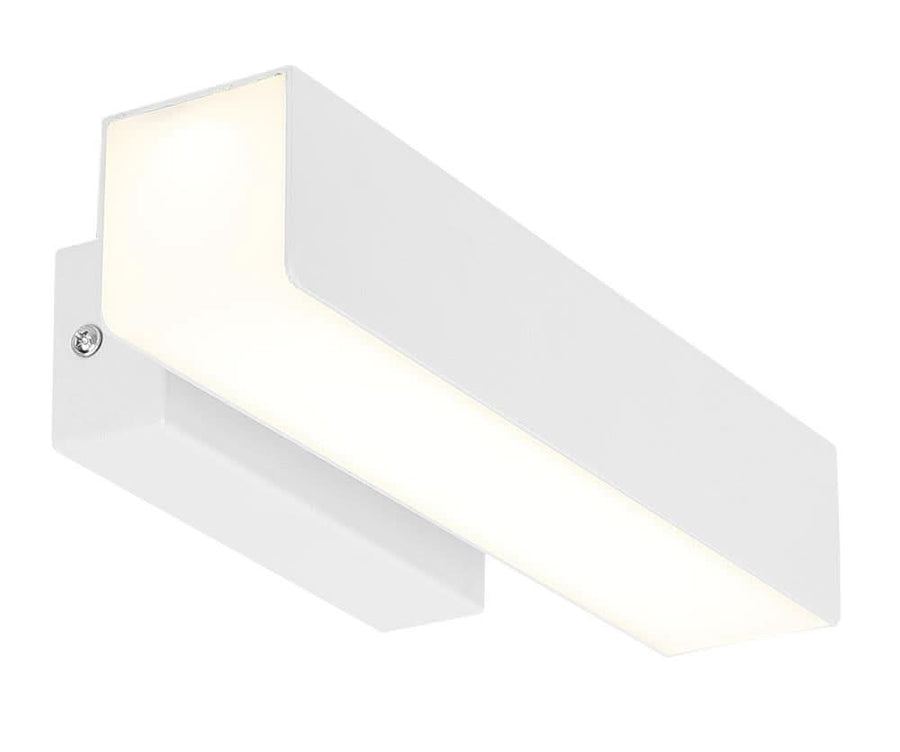 Vue de face de l'applique murale LED blanche, avec vis de fixation apparentes.