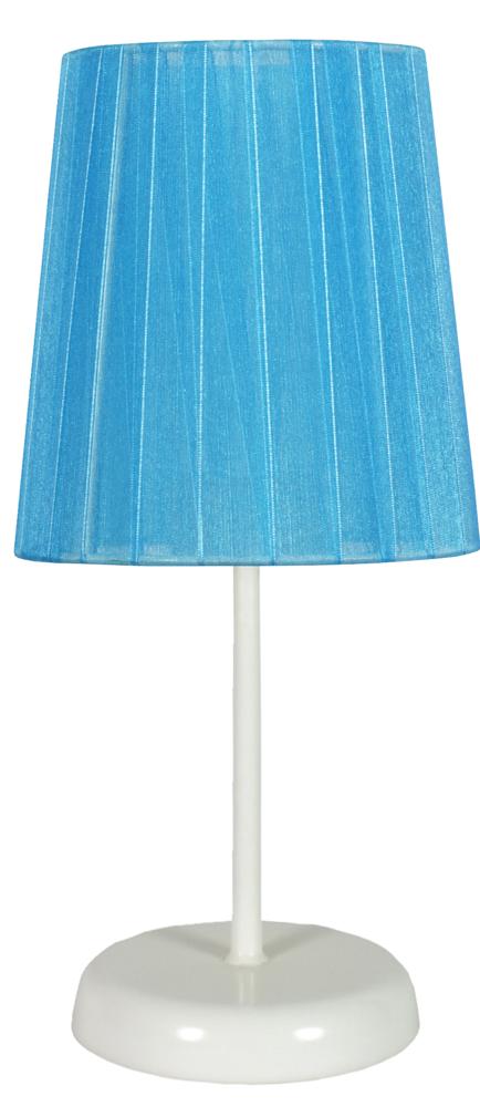 Version bleue de la lampe à poser, abat-jour en tissu plissé et pied blanc