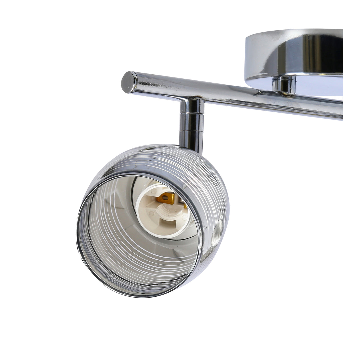 Détail d'une tête orientable en verre strié avec douille E14 visible