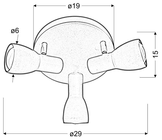 Schéma technique : base ronde 19 cm, largeur totale 29 cm, hauteur 15 cm.