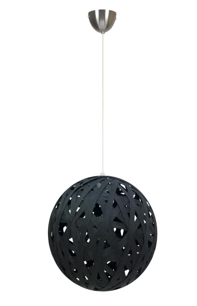 Version noire de la suspension boule en rubans tressés, présentée de face