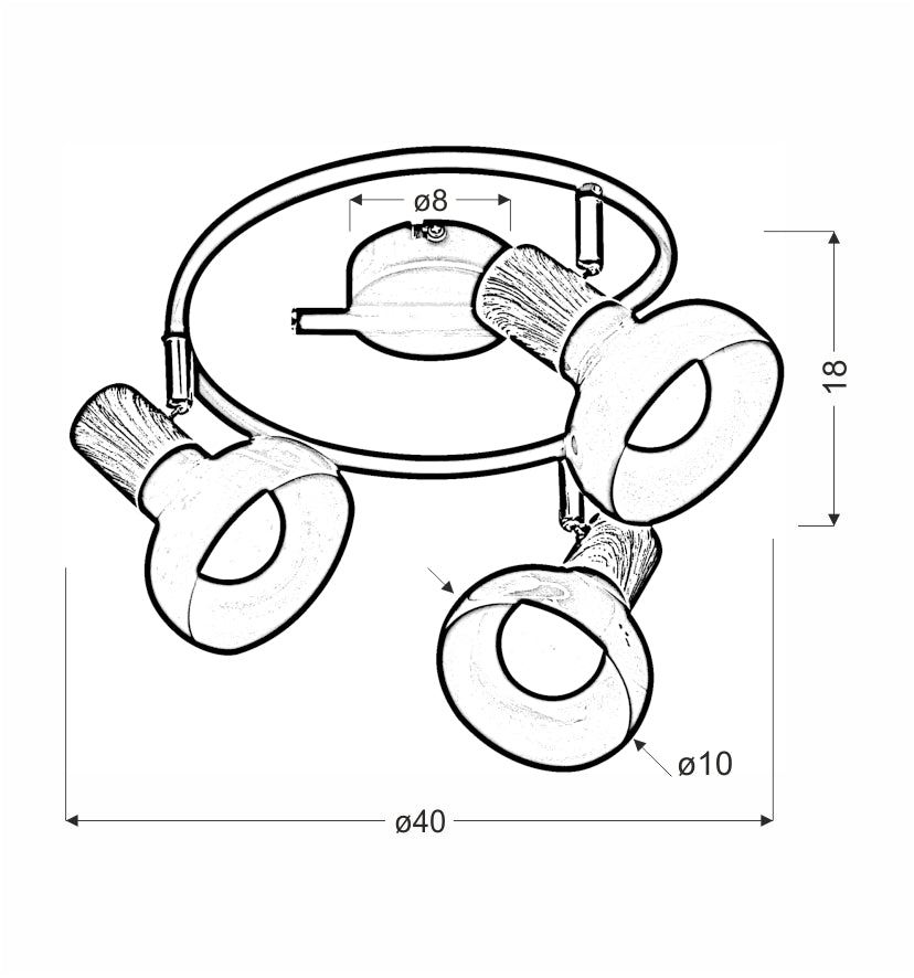 Schéma de dimensions du plafonnier avec diamètre 40, hauteur 18 et diamètres des spots.