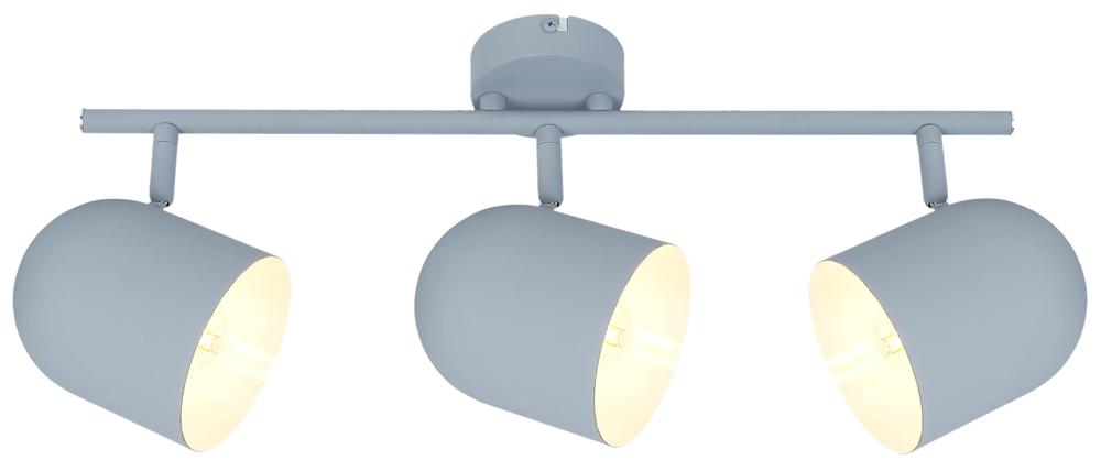 Vue de face du luminaire gris bleu, trois projecteurs cylindriques orientables sur rail