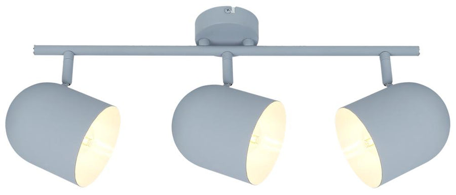 Vue de face du luminaire gris bleu, trois projecteurs cylindriques orientables sur rail