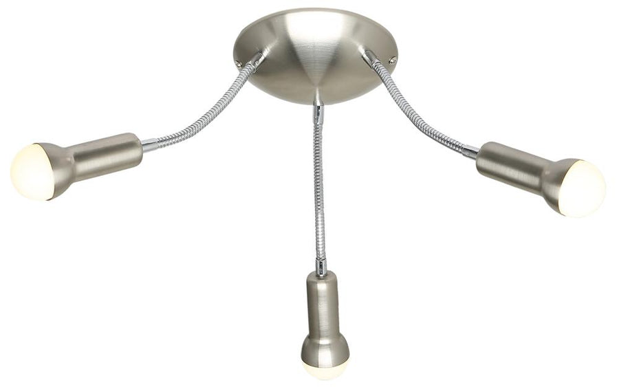 Plafonnier nickel satiné à trois bras flexibles orientables, vue de face sur fond blanc