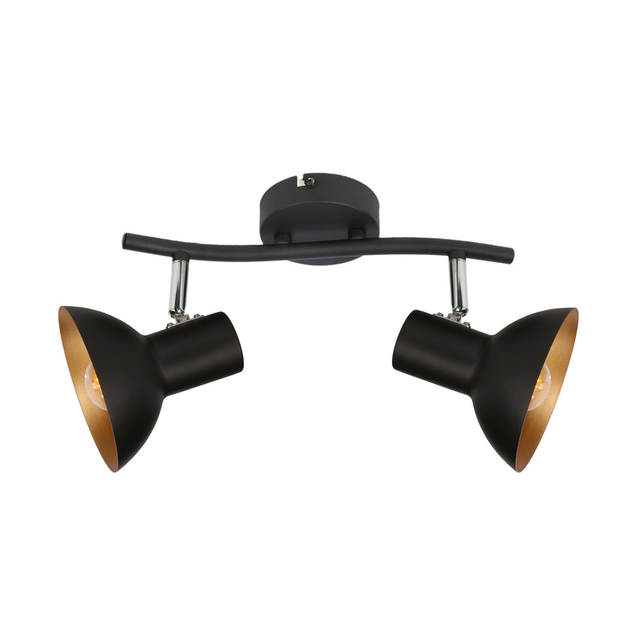 Vue de face du plafonnier noir à deux projecteurs coniques dorés orientables