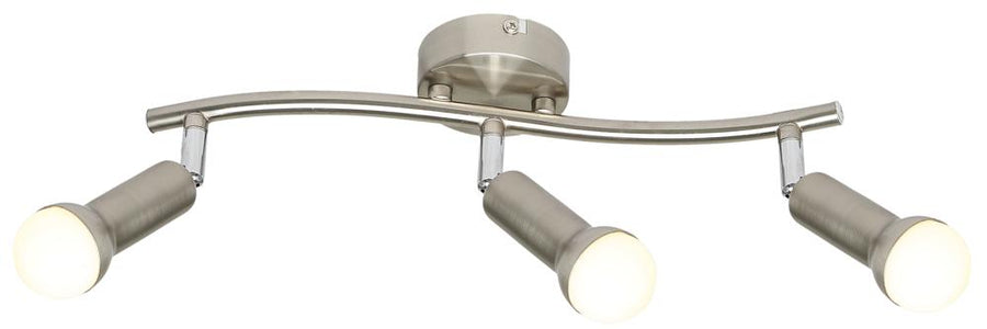 Plafonnier trois spots orientables en nickel satiné sur fond blanc, produit de face