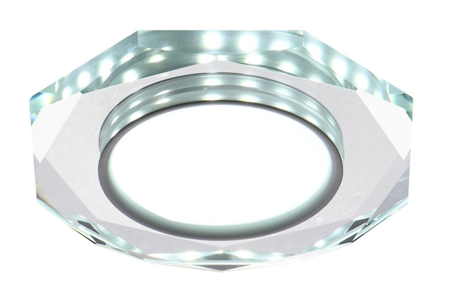 Vue de face du spot encastrable, anneau octogonal en verre et diffuseur central blanc