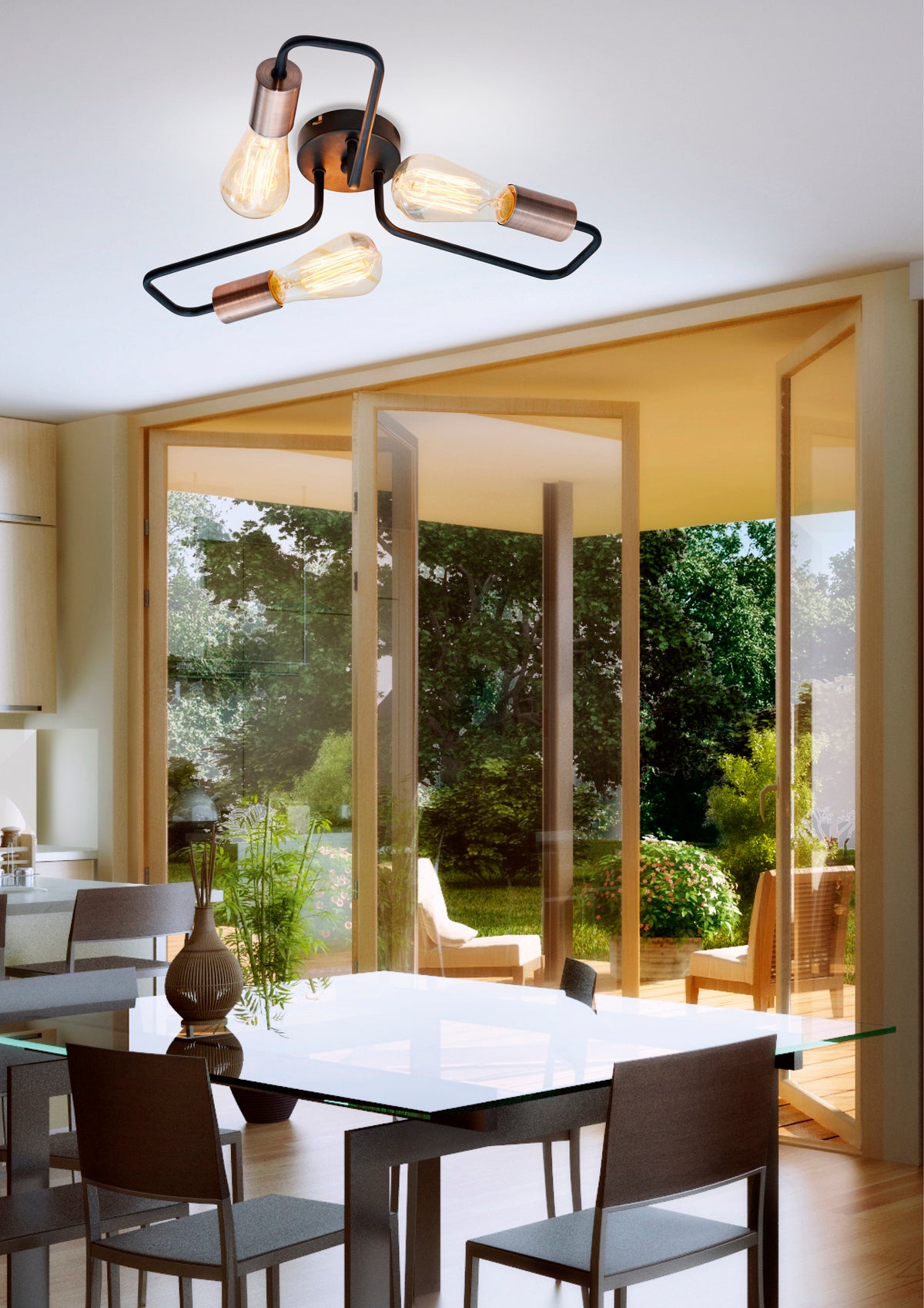 Mise en ambiance dans une salle à manger, luminaire allumé au plafond près de baies vitrées