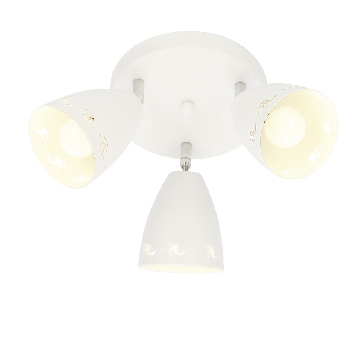 Trois diffuseurs coniques allumés, motifs découpés laissant filtrer une lumière chaude sur fond blanc