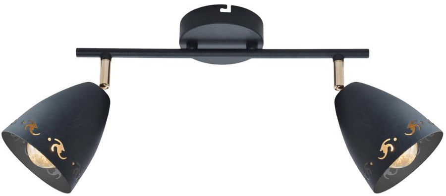 Version noire et dorée du plafonnier, deux spots côniques ajourés orientables
