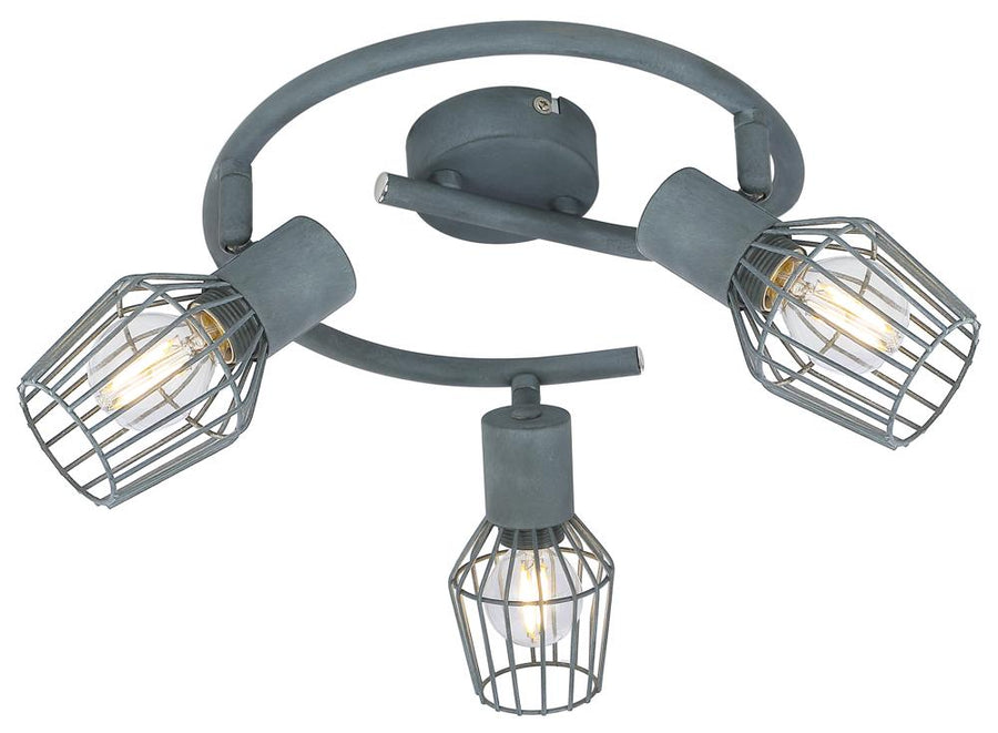 Plafonnier trois spots gris, cages métalliques grillagées, vue de face sur fond blanc