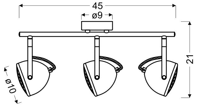 Schéma technique coté du plafonnier : largeur 45 cm, hauteur 21 cm, base de 9 cm.