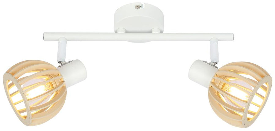Luminaire blanc à deux projecteurs orientables avec grilles en bois clair