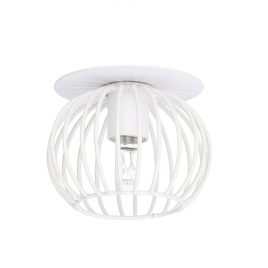 Vue de face du luminaire blanc, ampoule transparente éteinte à l'intérieur de la cage ronde