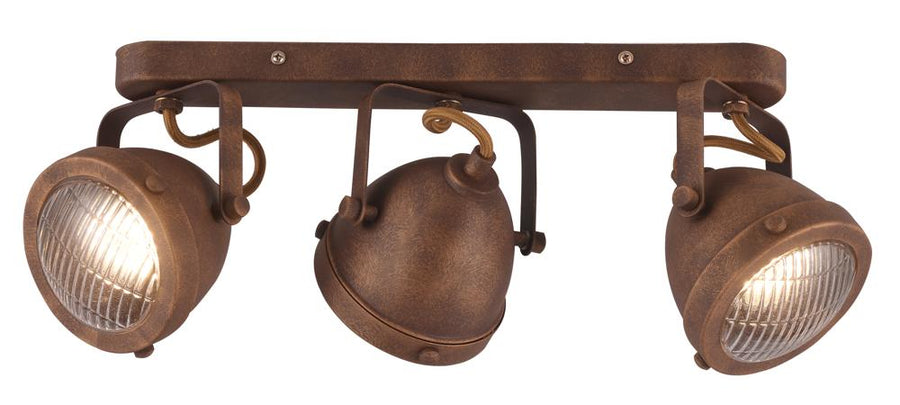 Vue de face du plafonnier trois spots orientables fixés sur une barre plate