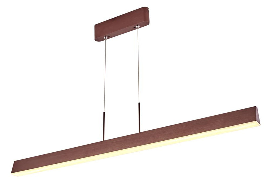 Vue de face du luminaire suspendu linéaire marron sur fond blanc neutre
