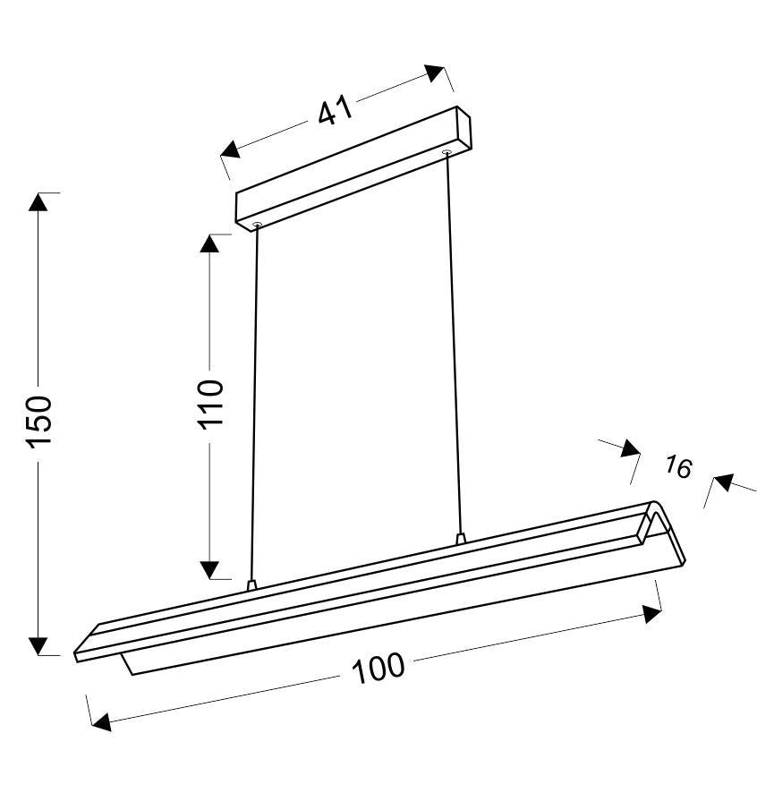 Schéma technique coté du luminaire suspendu avec dimensions 41, 110, 150, 16 et 100 cm.