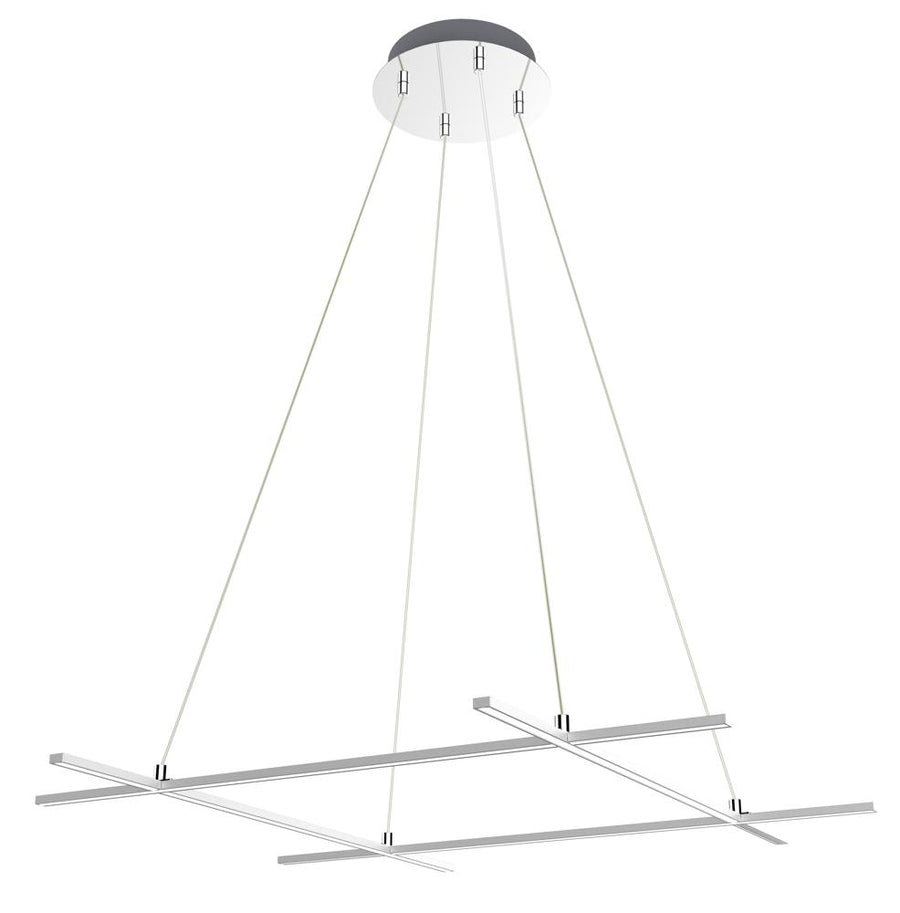 Lustre suspendu vu de face, croisillons de tubes LED argentés sur fond blanc