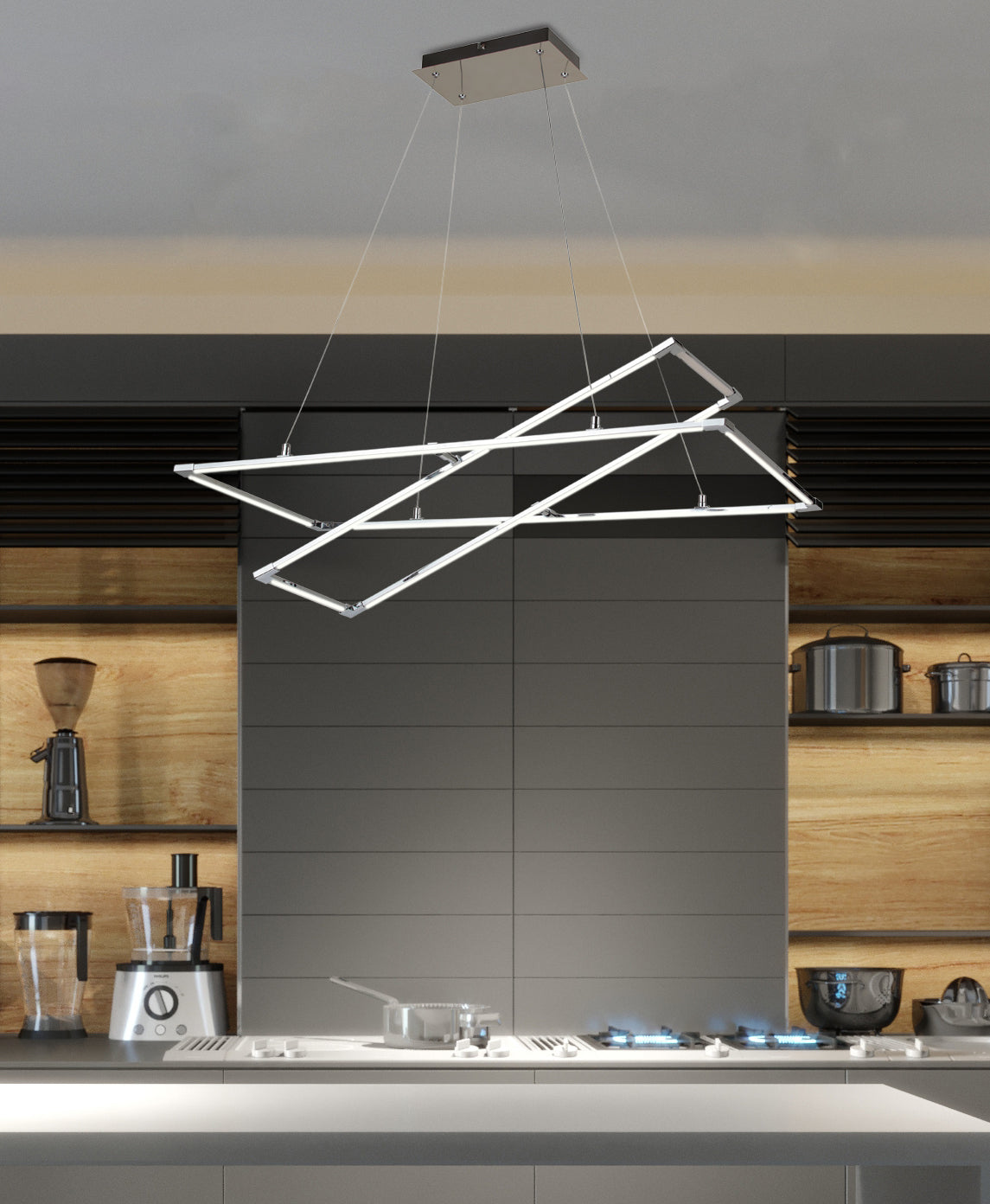 Vue rapprochée du luminaire suspendu dans une cuisine sombre et bois clair