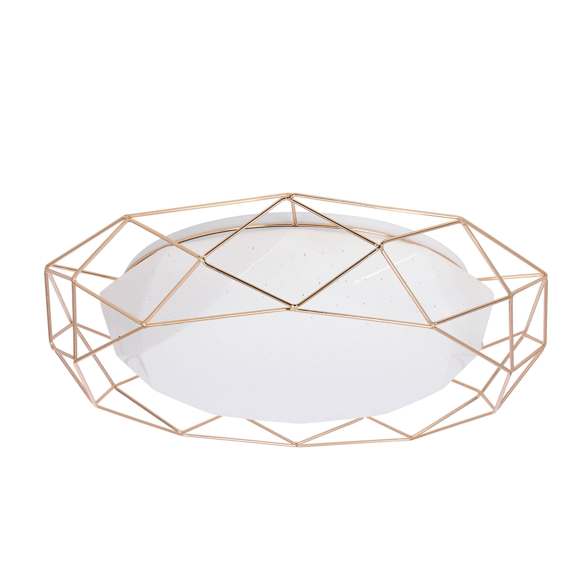 Plafonnier à cage géométrique en finition dorée et diffuseur blanc, présenté de face